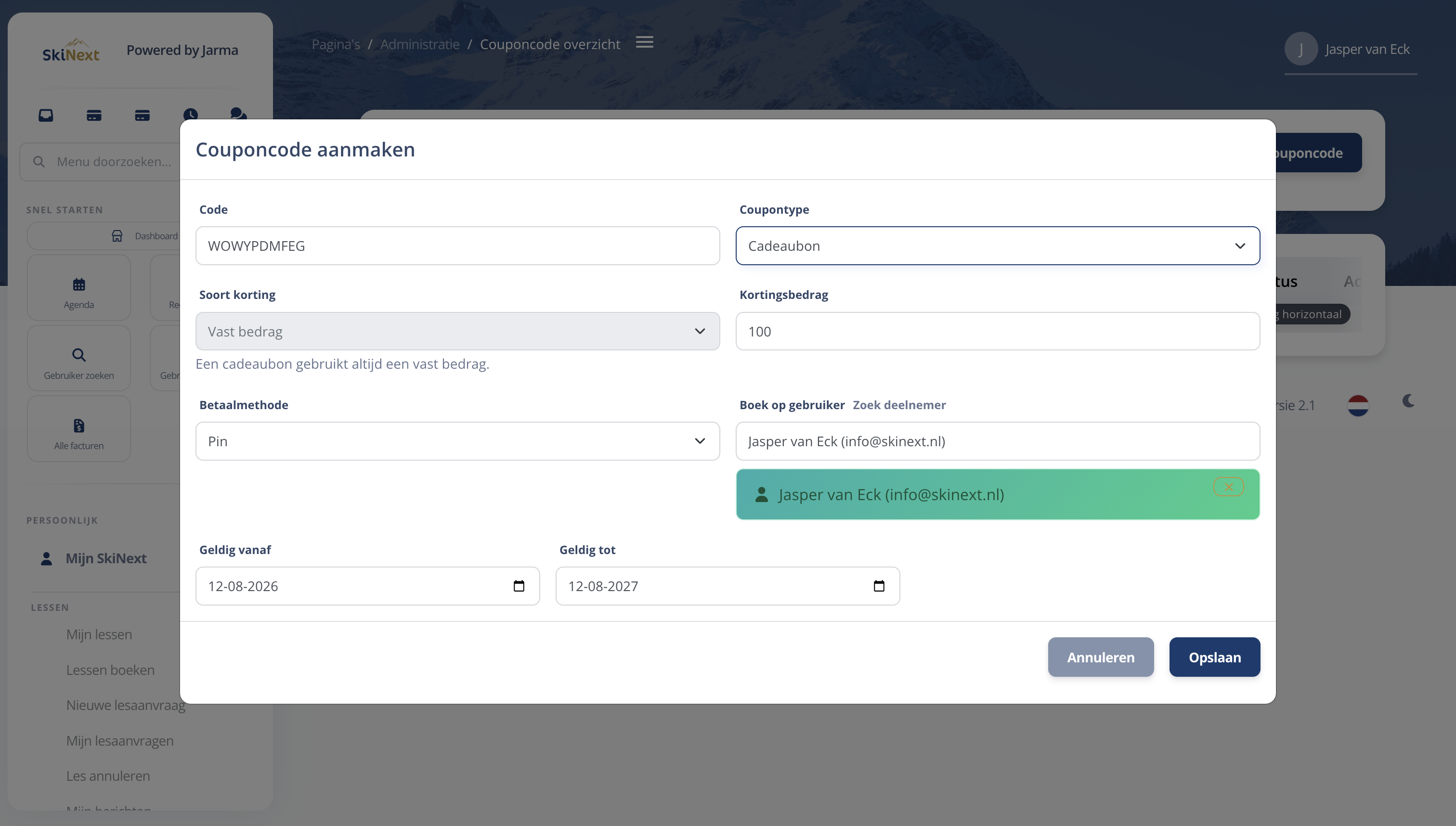 SkiNext-formulier voor het aanmaken van een couponcode