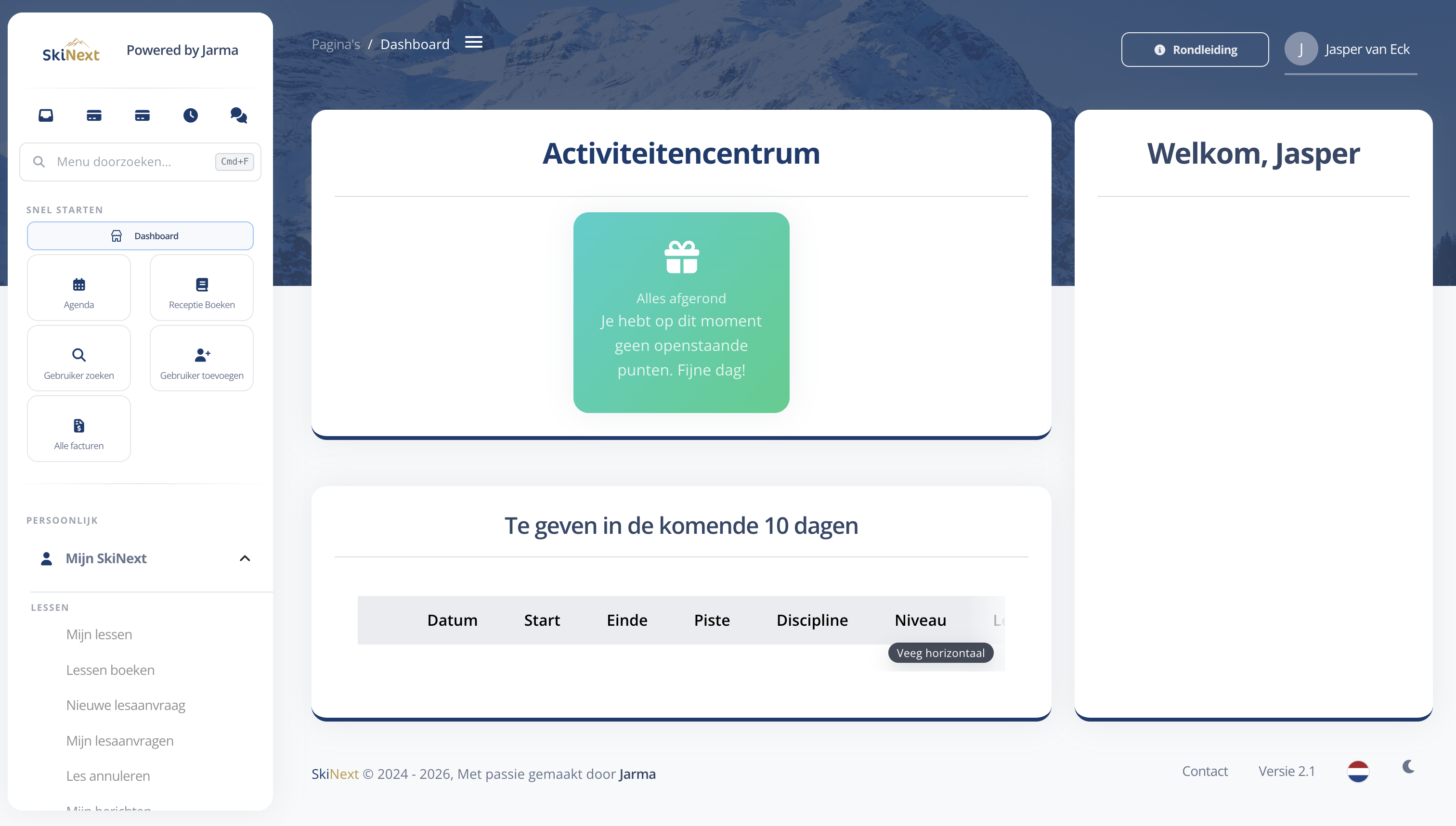 SkiNext-dashboard met activiteiten en snelle acties