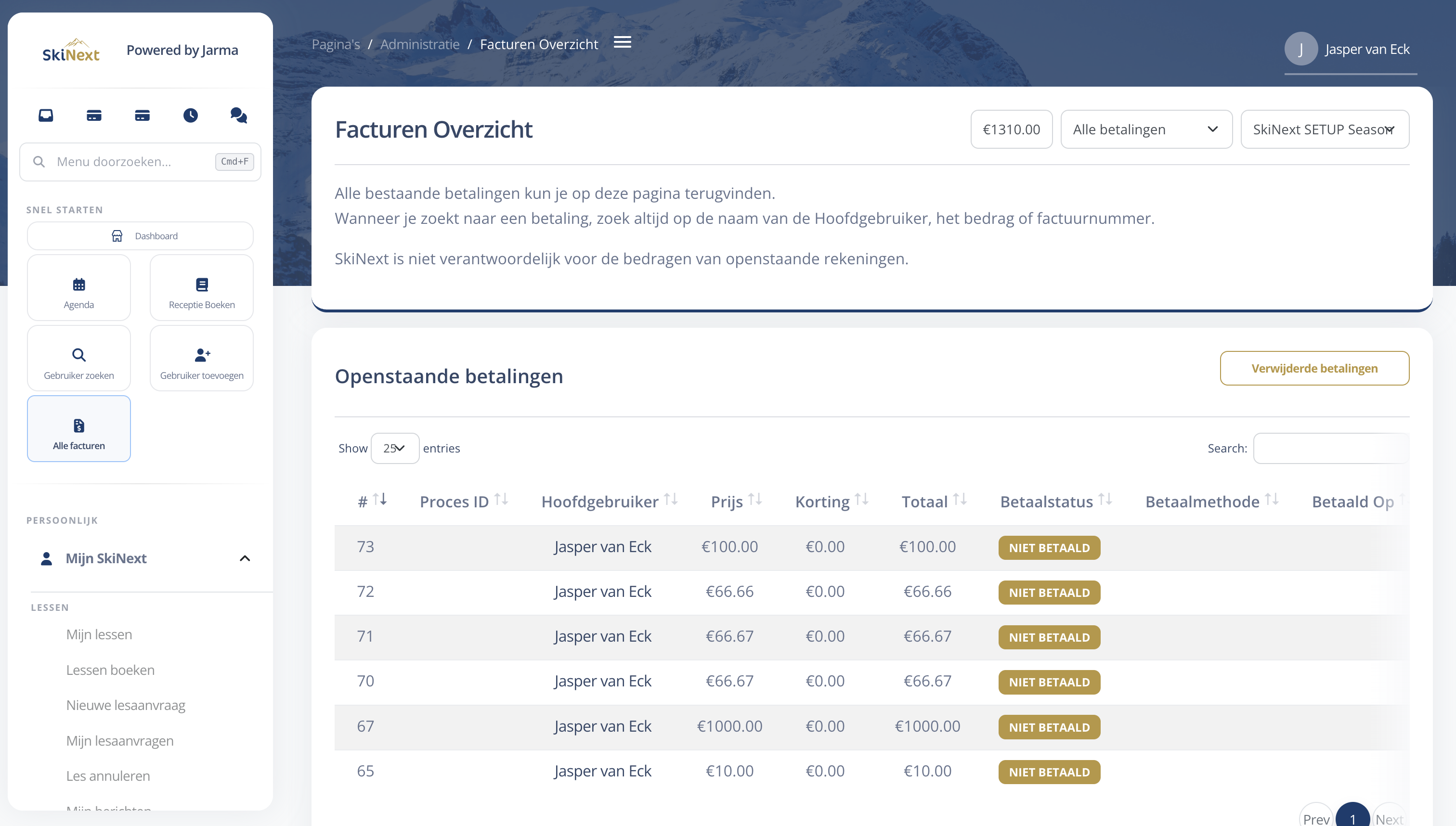 SkiNext-overzicht van facturen en betalingen