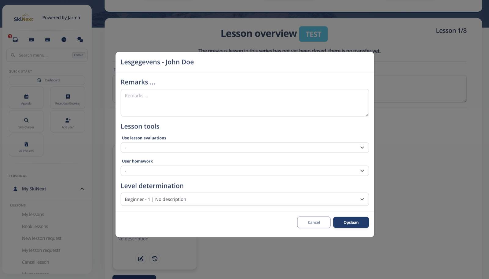 Huiswerk en les-evaluaties in SkiNext
