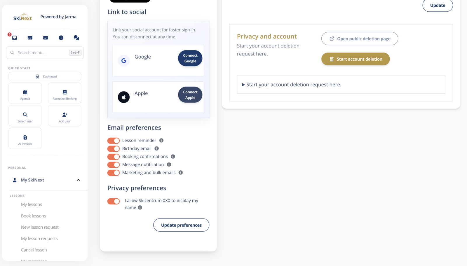 Privacy- en accountinstellingen in SkiNext